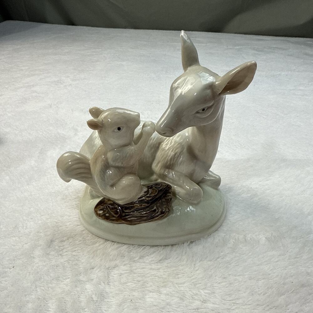 Deer Squirrel Porcelain Figurine White Cream Brown Animal UCGC Collectible Vtg